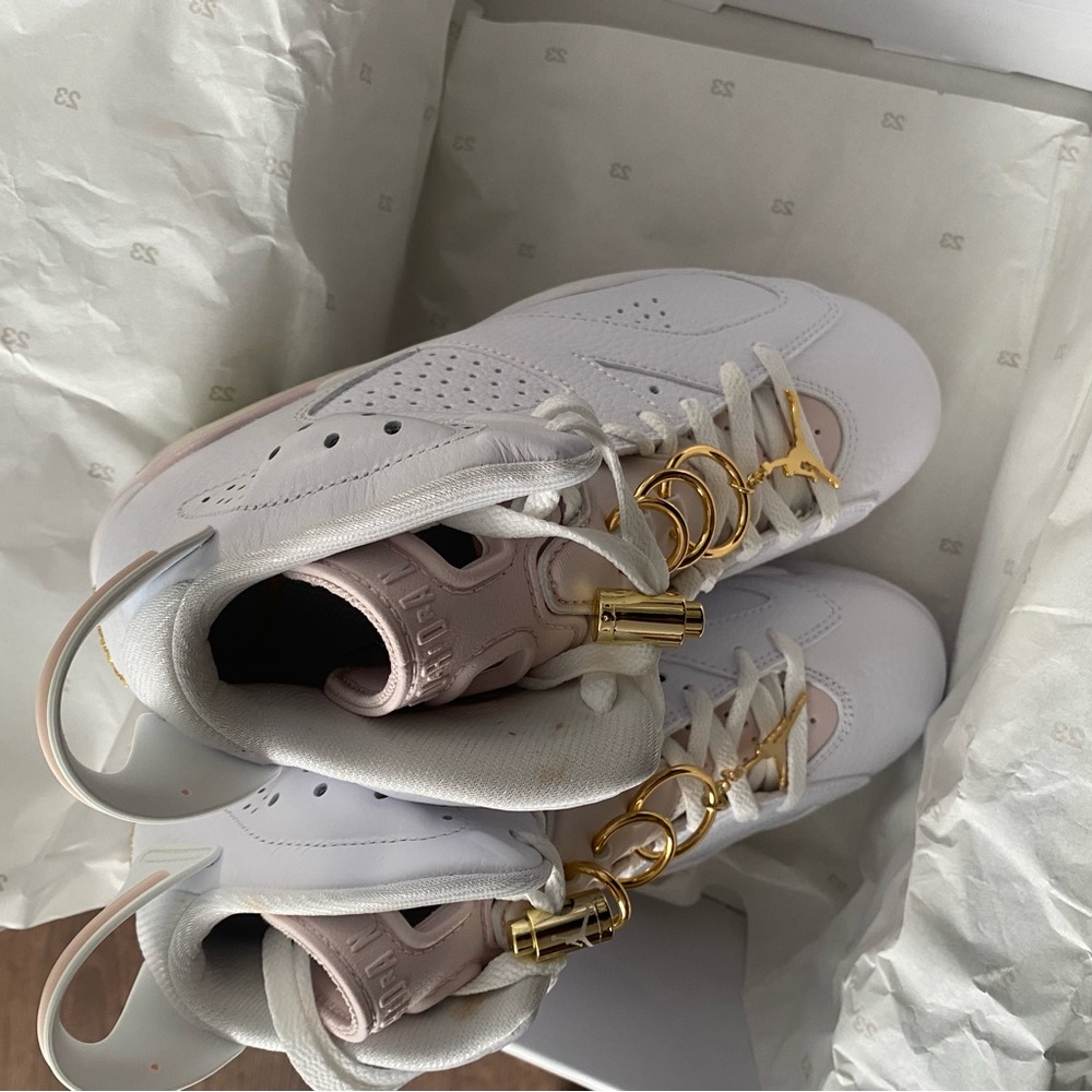 Jordan Women's Sneakers in White and Pink with Gold Details